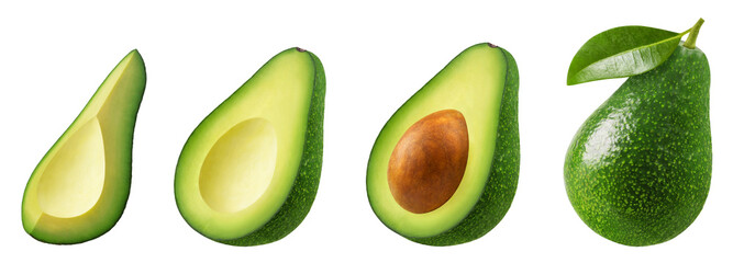 Wall Mural - avocado isolated set. collection of green avocado, halves and slices of the fruit on a transparent b