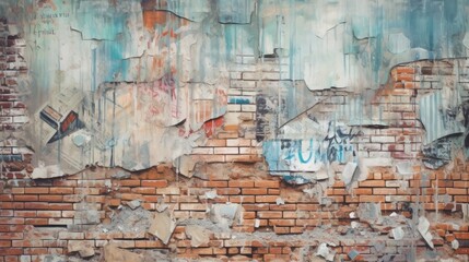 Sticker - Grunge brick wall with layers of torn street posters, generative ai