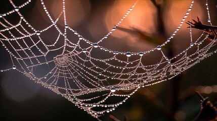 Macro shot of delicate, dew-covered spiderwebs, generative ai
