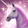 Beautiful illustration of realistic pink unicorn with twinkling bright magic sparkle around colorful mythical fantasy horse with horn. Ravishing enchanted animal from fairytale by generative AI.