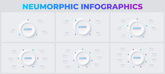 Set of round diagrams divided into 3, 4, 5, 6, 7 and 8 segments. Neumorphic infographics