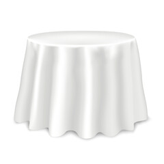 Round table covered with blank tablecloth isolated on white background realistic vector mock-up. Template for design