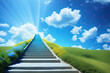 a stairway leading up into a bright blue sky, dream heavenly clouds, generative ai