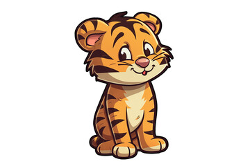 Cute tiger sitting isolated on white background, 2d vector animal wildlife sticker