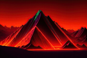 Wall Mural - a mountain range, dark night and electric orange glow colors, retrofuturistic retrowave style, generative ai