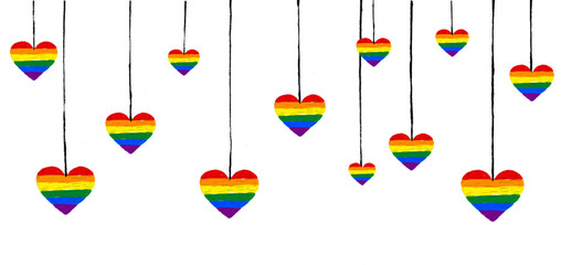 Hanging rainbow flag oil brush paint in heart shape.LGBT  Pride month watercolor texture concept. Vector illustration. 
