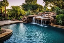 Backyard Pool Oasis Waterfall, Featuring Lush Landscaping, A Waterfall, And A Slide, Creating A Serene And Refreshing Escape From The Summer Heat - Generative AI