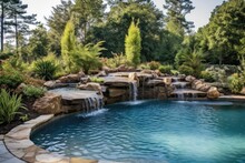Backyard Pool Oasis Waterfall, Featuring Lush Landscaping, A Waterfall, And A Slide, Creating A Serene And Refreshing Escape From The Summer Heat - Generative AI