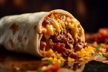 Mexican Burrito With Minced Meat, Rice And Cheese In Bread Wrap Generative AI