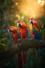 Three Exotic Scarlet Macaws Parrots In Tropical Jungle, Generative Ai