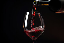Red Wine Pouring In Glass On Dark Background. Generative AI.