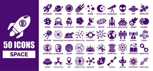 50 space icon collection in flat design style with names