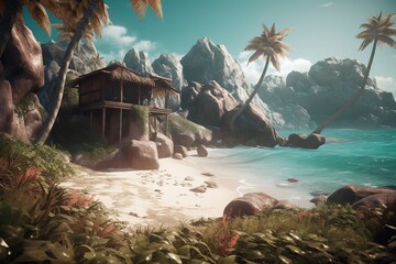 Wall Mural - a deserted island in the tropics with a shack and some palm palms Generative AI