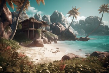 Poster - a deserted island in the tropics with a shack and some palm palms Generative AI