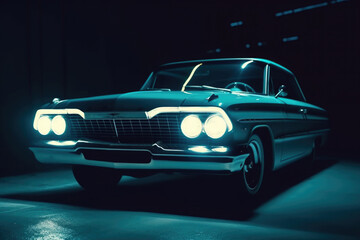 Wall Mural - classic retro car at night with glowing headlamps. american vintage vehicle with colorful illuminati