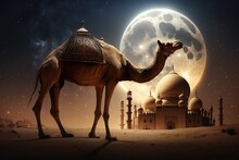 Islamic Background With Camel, Milky Way And Moon Ornament. Generative AI.