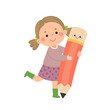 Vector cartoon little student girl holding big pencil. Back to school concept