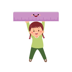 Wall Mural - Vector cartoon little student girl carrying big ruler. Back to school concept