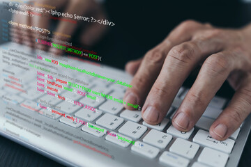 Wall Mural - software developer or programmer coding program with laptop. create intelligence innovation. compute