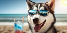 Siberian Husky Dog Is On Summer Vacation At Seaside Resort And Relaxing Rest On Summer Beach Of Hawaii Generative AI