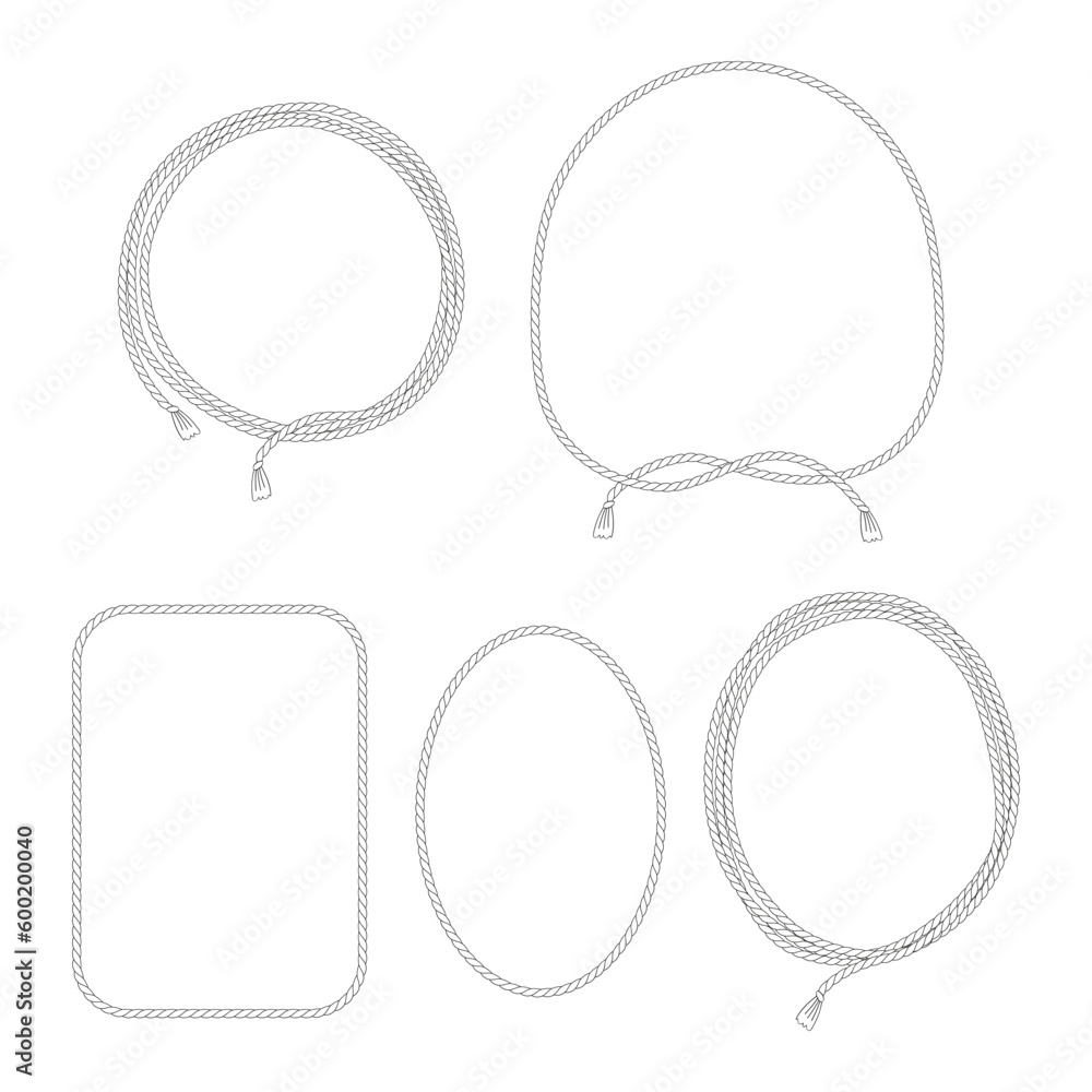 Wild west rodeo rope lasso frames vector linear illustration set ...