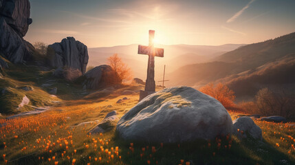 A Easter Cross in a Mountain Sunrise Realistic Orange Sun Light AI Generative