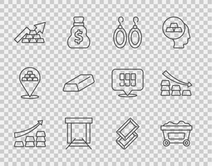 Set line Growth arrow with gold bars, Mine cart, Earrings, Gold mine, and Falling icon. Vector