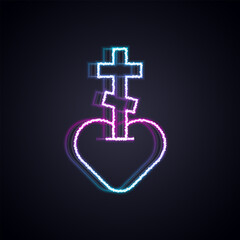 Wall Mural - Glowing neon line Religious cross in the heart inside icon isolated on black background. Love of God, Catholic and Christian symbol. People pray. Vector