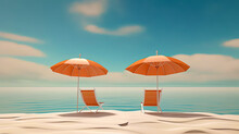 Illustration Of A Tropical Beach Vacation With Orange Beach Chairs And An Umbrella. An Exotic Summer Vacation To Relax (generative AI)