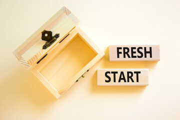 Wall Mural - Fresh start and motivational symbol. Concept words Fresh start on beautiful wooden block. Beautiful white background. Empty wooden chest. Business motivational and Fresh start concept. Copy space.