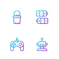 Wall Mural - Set line Robot toy, Gamepad, Sand in bucket and Battery. Gradient color icons. Vector