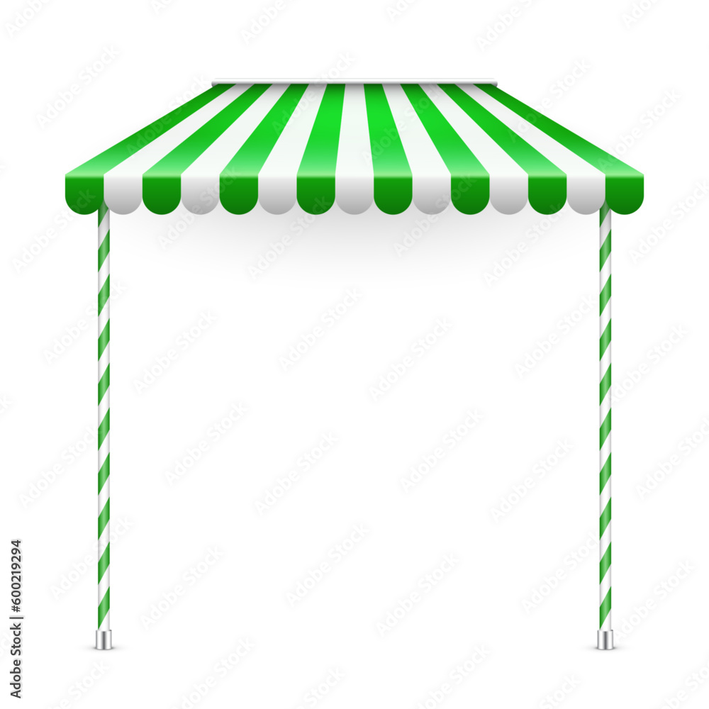Green shop sunshade with stand holders. Realistic striped cafe awning ...