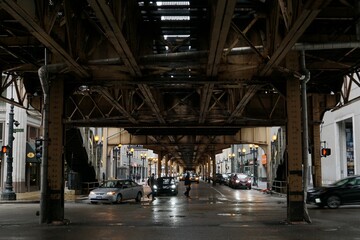 Retro vintage look of the elevated train tracks in the loop - downtown, Chicago