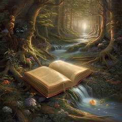 Wall Mural - Generative AI: Book of fantastic adventures surrounded by magic forest it tells