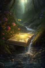 Wall Mural - Generative AI: Book of fantastic adventures surrounded by magic forest it tells