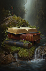 Wall Mural - Generative AI: Book of fantastic adventures surrounded by magic forest it tells