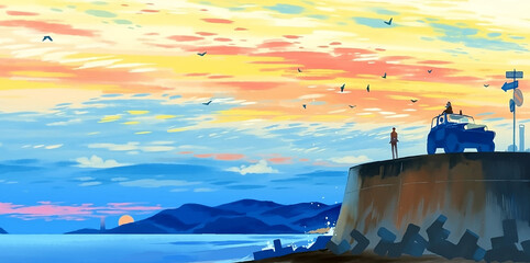 Wall Mural - couple in the light house with car under beautiful sky with birds flying.