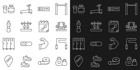 Sticker - Set line Kettlebell, Jump rope, Metal rack with weights, Location gym, Bench barbel, Bottle of water, Sports nutrition and Calendar fitness icon. Vector