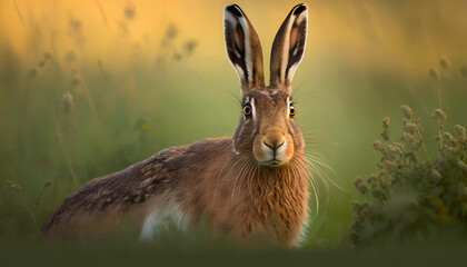 European hare stands in the grass and looking at the camera. Lepus europaeus