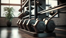 Black desk of free space for your decoration and blurred gym interior.Metal dumbbells and fit life