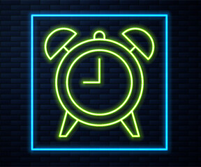 Wall Mural - Glowing neon line Alarm clock icon isolated on brick wall background. Wake up, get up concept. Time sign. Vector