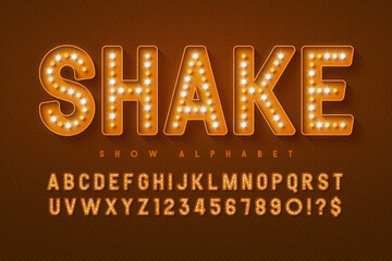 Retro cinema alphabet design, cabaret, LED lamps letters and numbers.