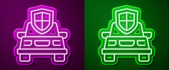 Sticker - Glowing neon line Car insurance icon isolated on purple and green background. Insurance concept. Security, safety, protection, protect concept. Vector