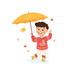 Wall Mural - Cute little boy walking with umbrella in rain. Happy kid playing outdoors cartoon vector illustration