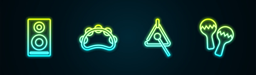 Wall Mural - Set line Stereo speaker, Tambourine, Triangle and Maracas. Glowing neon icon. Vector