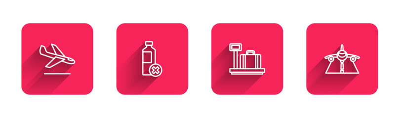 Sticker - Set line Plane landing, No water bottle, Scale with suitcase and with long shadow. Red square button. Vector