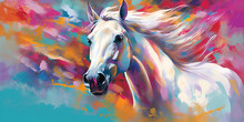 Original Colorful Painting In Multi Colors Of A Horse On A Cardboard. Modern Art. Colorful Artistic Painting White Horse, Ai Generative