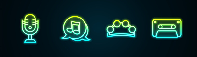 Sticker - Set line Microphone, Music note, tone, Tambourine and Retro audio cassette tape. Glowing neon icon. Vector