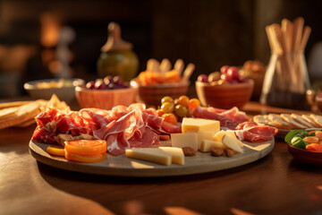 Wall Mural - Assorted cheese and meat appetizers.