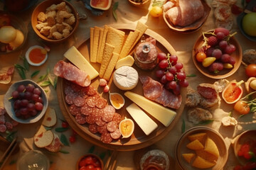 Wall Mural - Top view Gourmet charcuterie and cheese board